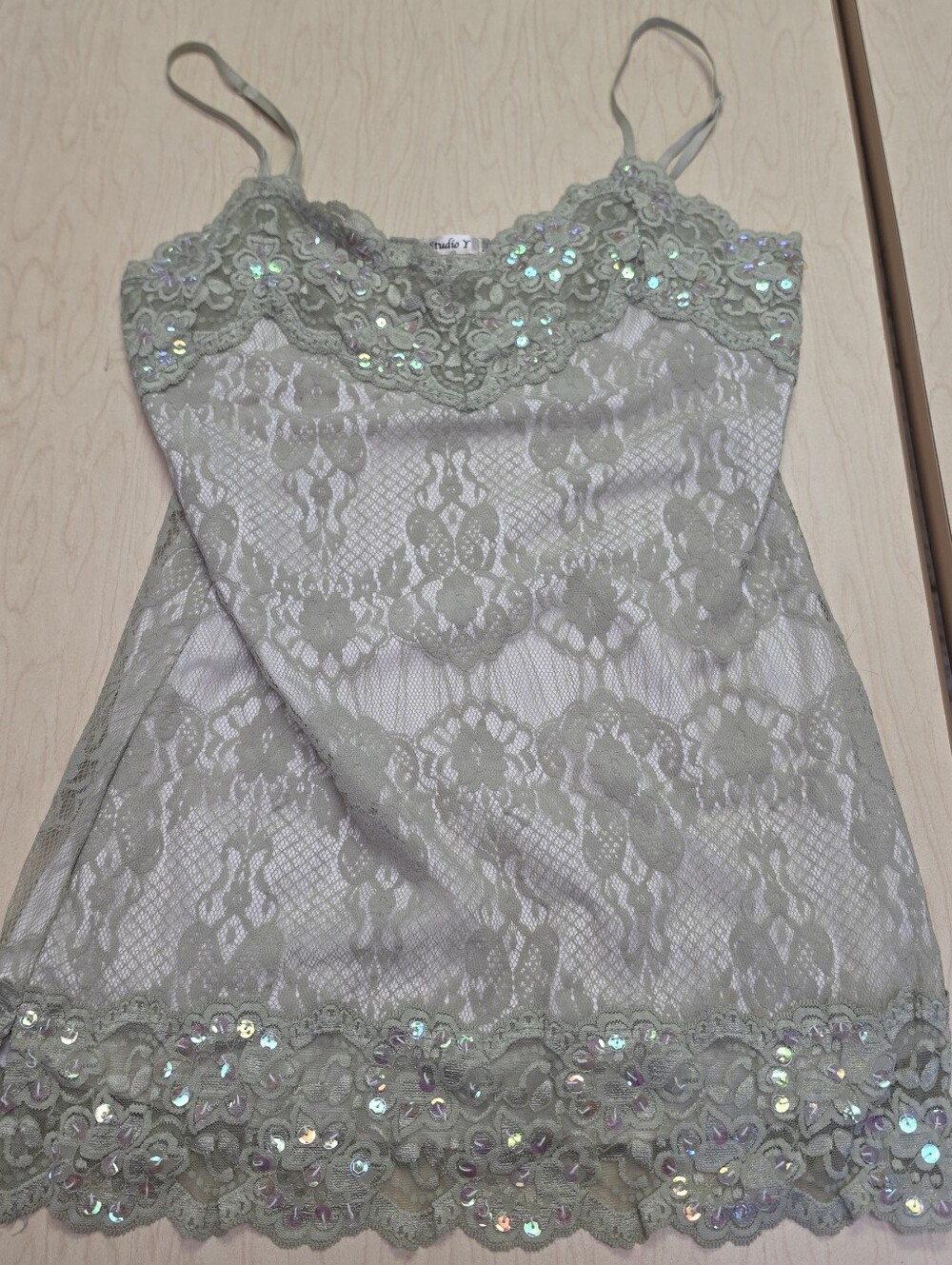 Vintage Studio Y Green Lace Trim Tank Cami Sequins Size Small Y2K Made In USA